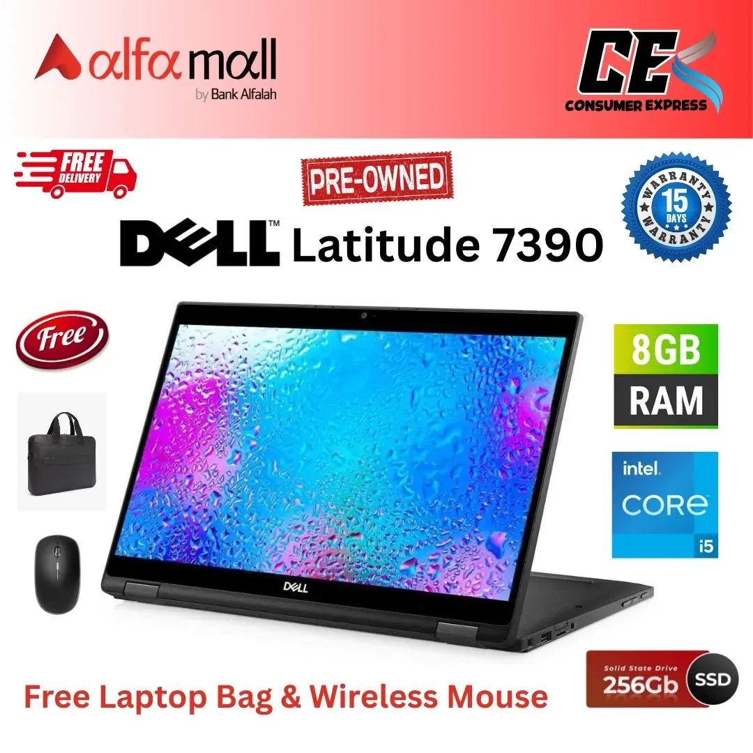 Dell Latitude 7390 2in1 ,Intel Core i5 8th Gen, 8GB RAM, 256GB SSD, 13.3" FHD DISPLAY Touchscreen, Free Bag & Hp Wireless Mouse (Like New) - (Other Bank)