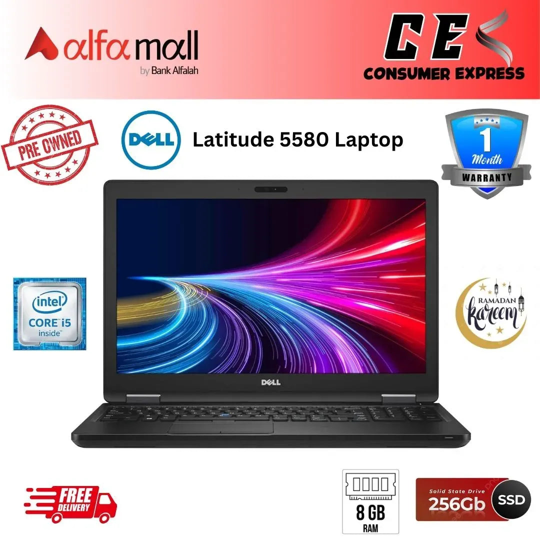 Dell Latitude E5580,Core i5-6th Gen, 8GB RAM, 256GB SSD, 15.6" display, Free Bag & Hp Wireless Mouse (Like New) - (Other Bank)
