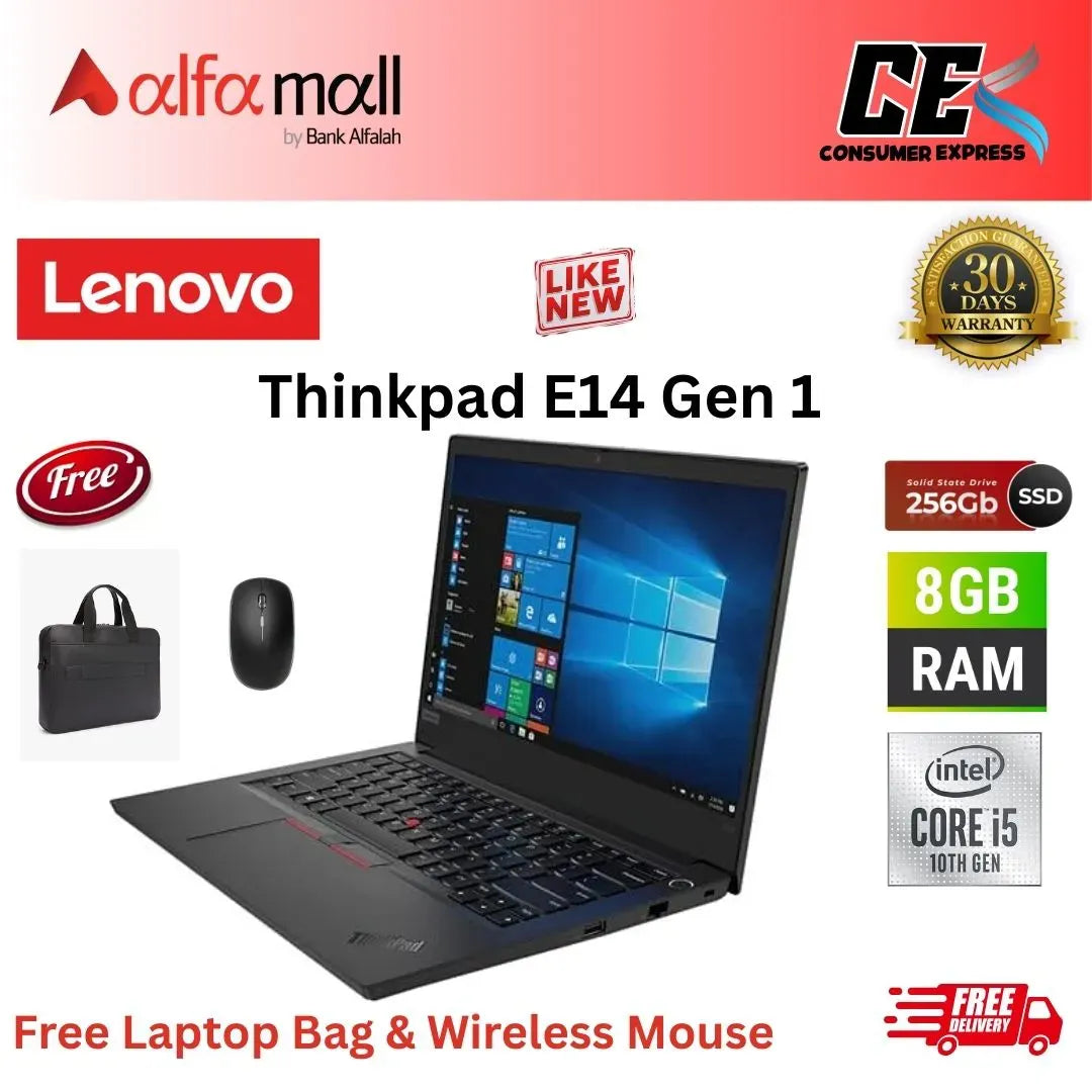 Lenovo ThinkPad E14 ,Core i5 10th Gen, 8GB RAM, 256GB SSD, 14 Inch Display, Free Bag & Hp Wireless Mouse (Like New) - (Other Bank)