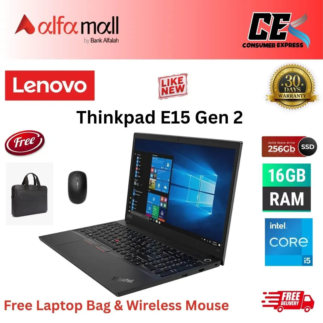 Lenovo ThinkPad E15 G2 ,Core i5 11th Gen, 16GB RAM, 256GB SSD, 15.6 Inch Display,, Free Bag & Hp Wireless Mouse (Like New) - (Other Bank)