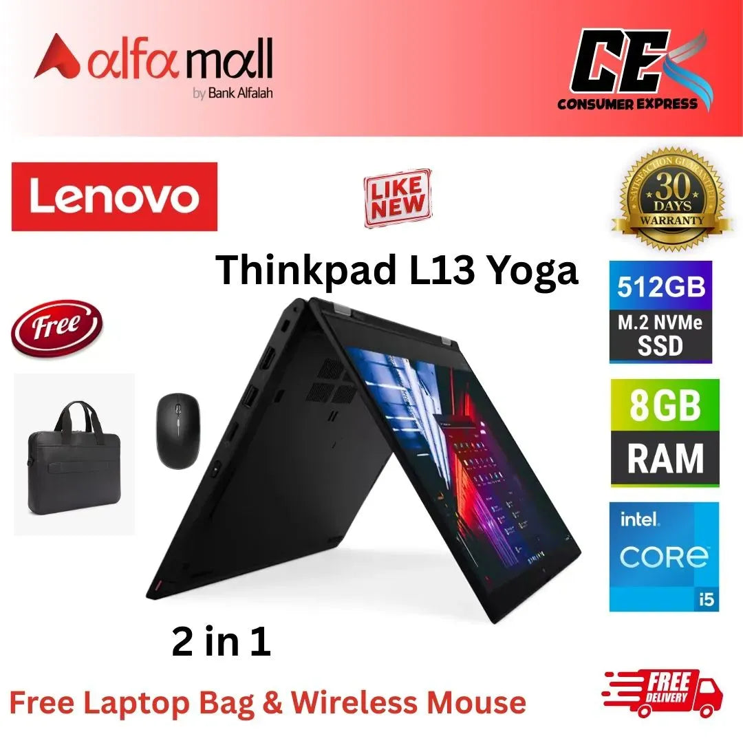 Lenovo ThinkPad L13 Yoga 2in1 ,Core i5 11th Gen, 8GB RAM, 512GB SSD, Touchscreen 13.3 Inch Display, Free Bag & Hp Wireless Mouse (Like New) - (Other Bank)