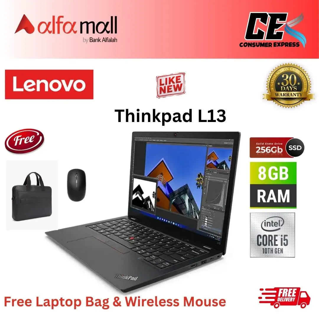 Lenovo ThinkPad L13 ,Core i5 10th Gen, 8GB RAM, 256GB SSD, 13.3 Inch Display, Free Bag & Hp Wireless Mouse (Like New)