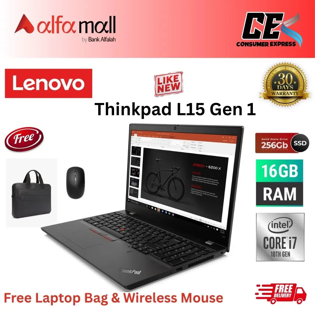 Lenovo ThinkPad L15 Gen 1 ,Core i7 10th Gen, 16GB Ram, 256GB SSD, 15.6 Inch FHD Display, Free Bag & Hp Wireless Mouse (Like New) - (Other Bank)
