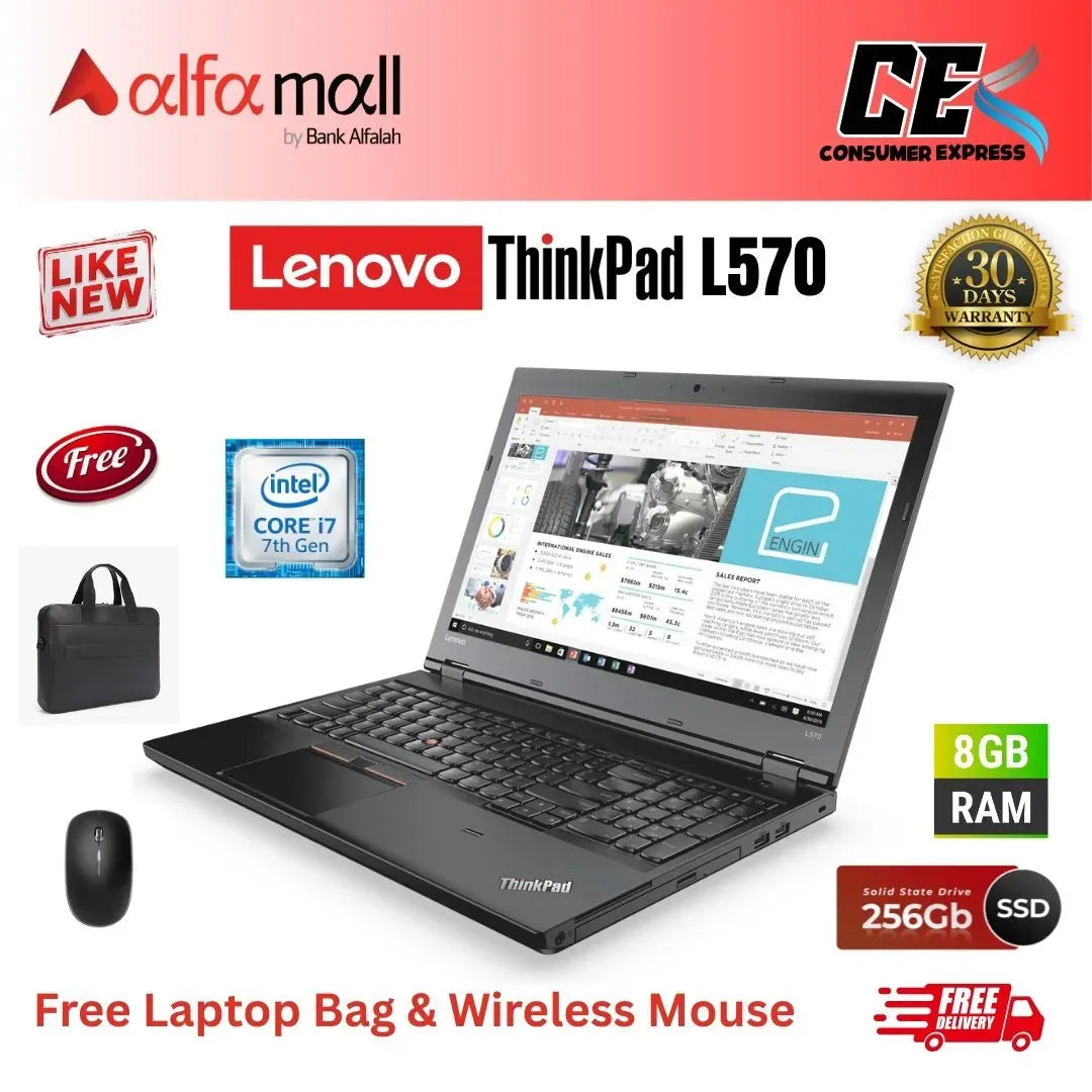Lenovo Thinkpad L570 ,Core i7 7th Gen, 8GB Ram, 256GB SSD, 15.6 Inch Display, Free Bag & Hp Wireless Mouse (Like New) - (Other Bank)