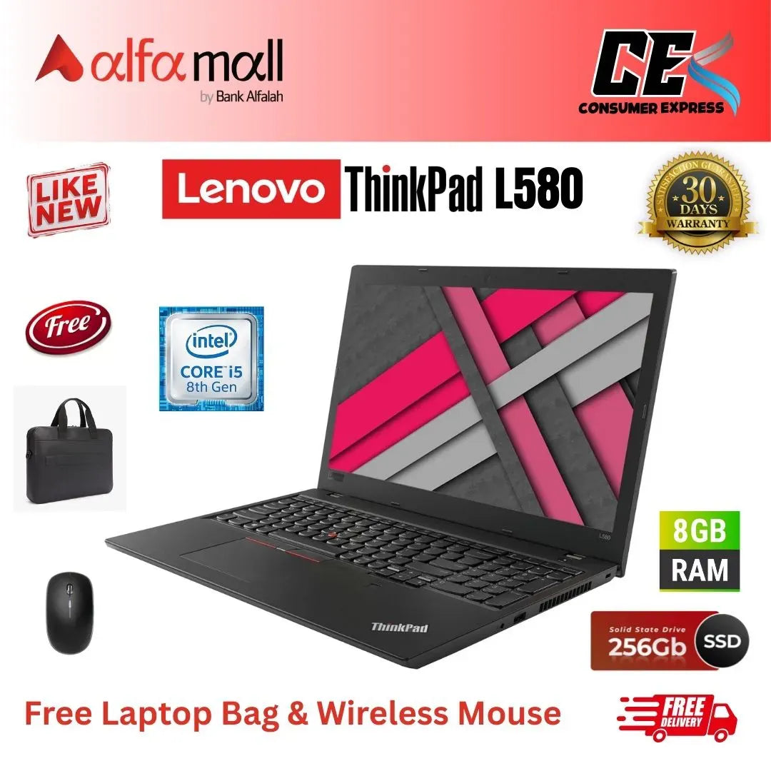 Lenovo Thinkpad L580 ,Core i5 8th Gen, 8GB Ram, 256GB SSD, 15.6 Inch Display, Free Bag & Hp Wireless Mouse (Like New) - (Other Bank)