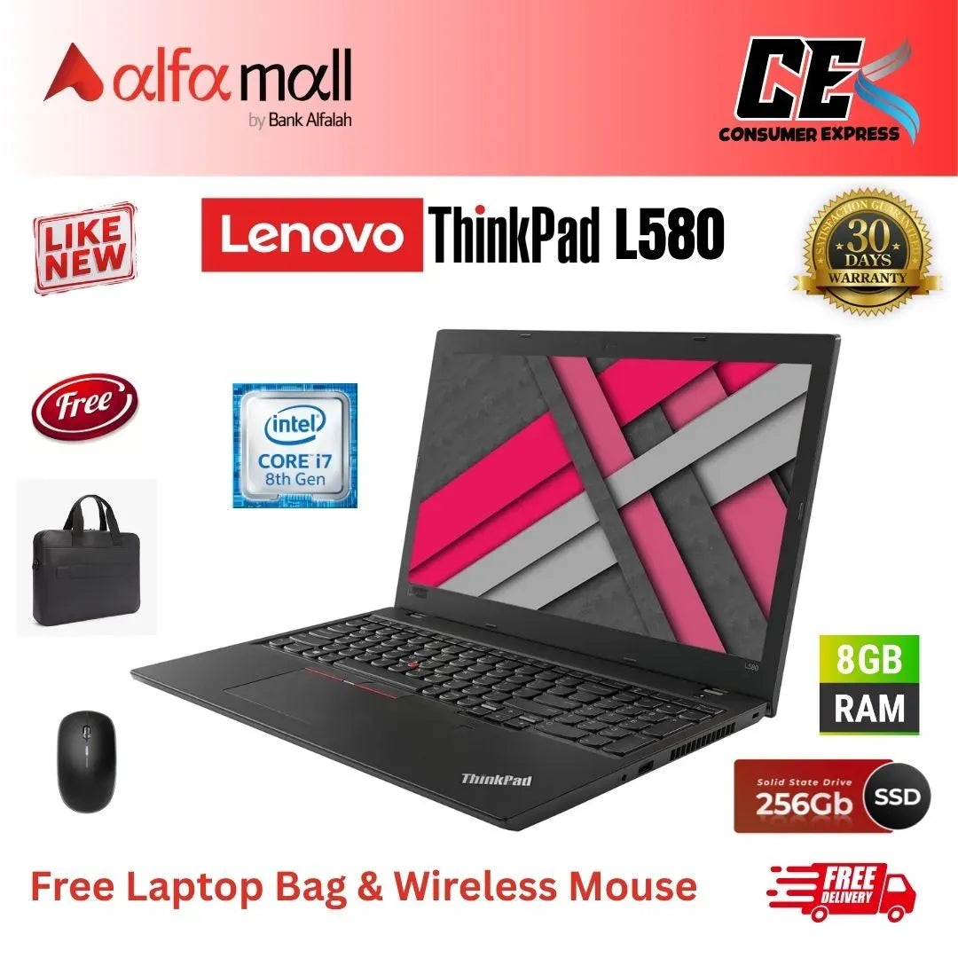 Lenovo Thinkpad L580 ,Core i7 8th Gen, 8GB Ram, 256GB SSD, 15.6 Inch Display, Free Bag & Hp Wireless Mouse (Like New) - (Other Bank)