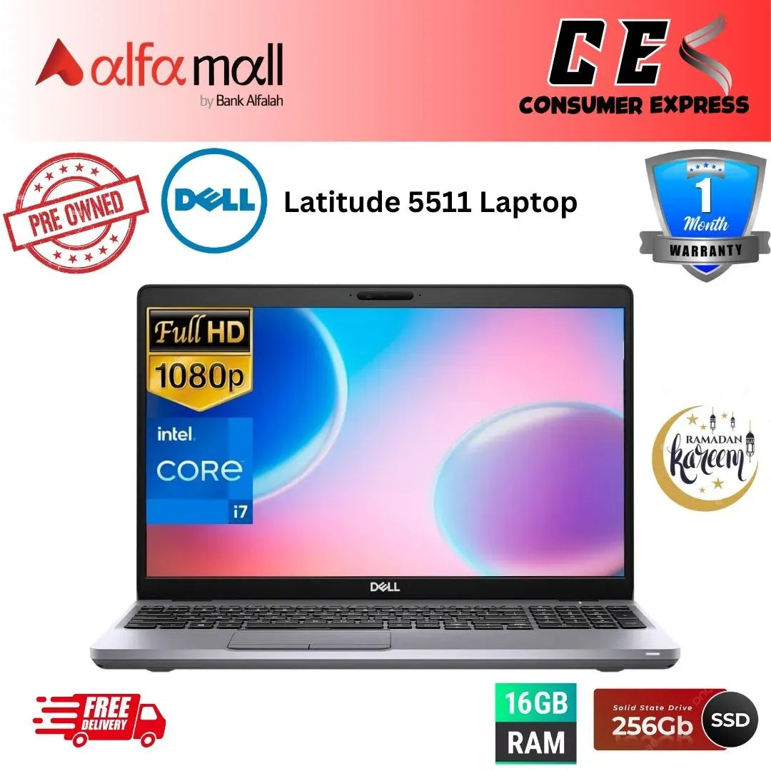 Dell Latitude 5511,Core i7-10850H 10th Gen, 16GB RAM, 256GB SSD, 15.6" FHD Display, Free Bag & Hp Wireless Mouse (Like New)