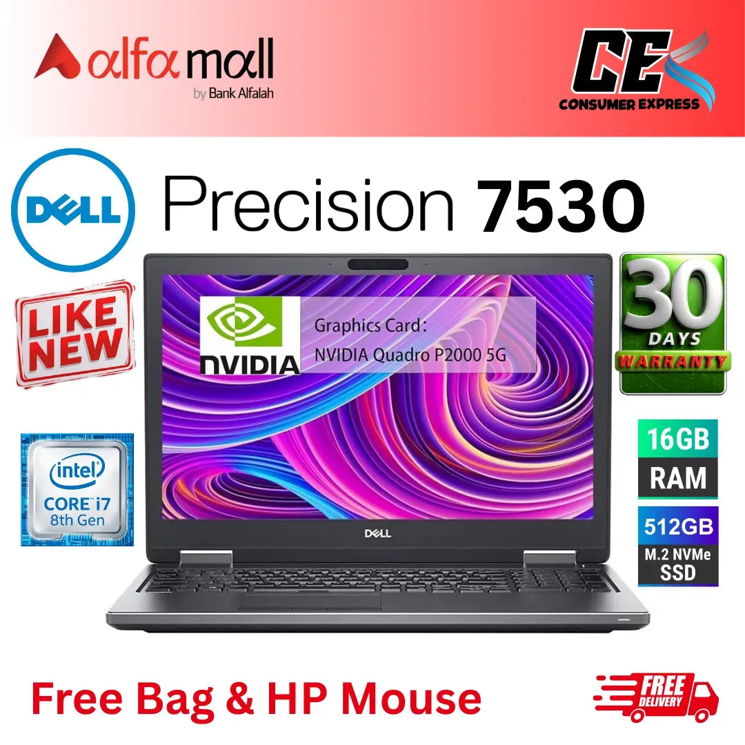 Dell Precision 7530 15.6" FHD Mobile Workstation Laptop, Intel Core i7 8850H Hexacore 2.6 GHz, 16GB DDR4 RAM, 512GB SSD, 4GB NVIDIA Quadro P2000, HDMI (Like New) Free Bag & Mouse (0% Markup Upto 6 Months)