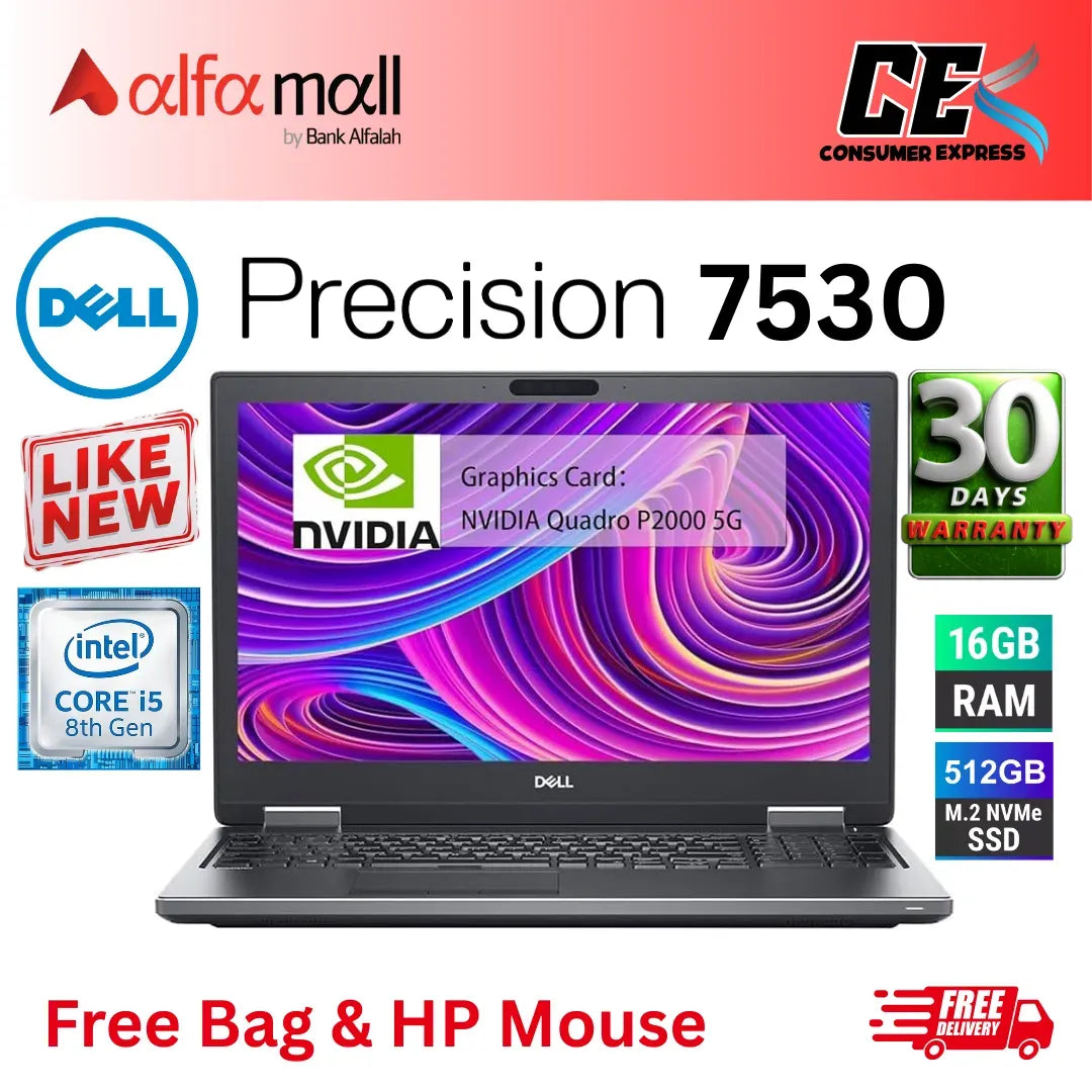 Dell Precision 7530 Intel Core. i5 8400H (8th Gen), 16GB DDR4 RAM, 512GB NVMe SSD, 15.6-Inch IPS HD Display, NVIDIA Quadro P2000 4GB GDDR5, Backlit Keyboard (Like New) Free Bag & Mouse (0% Markup Upto 6 Months)
