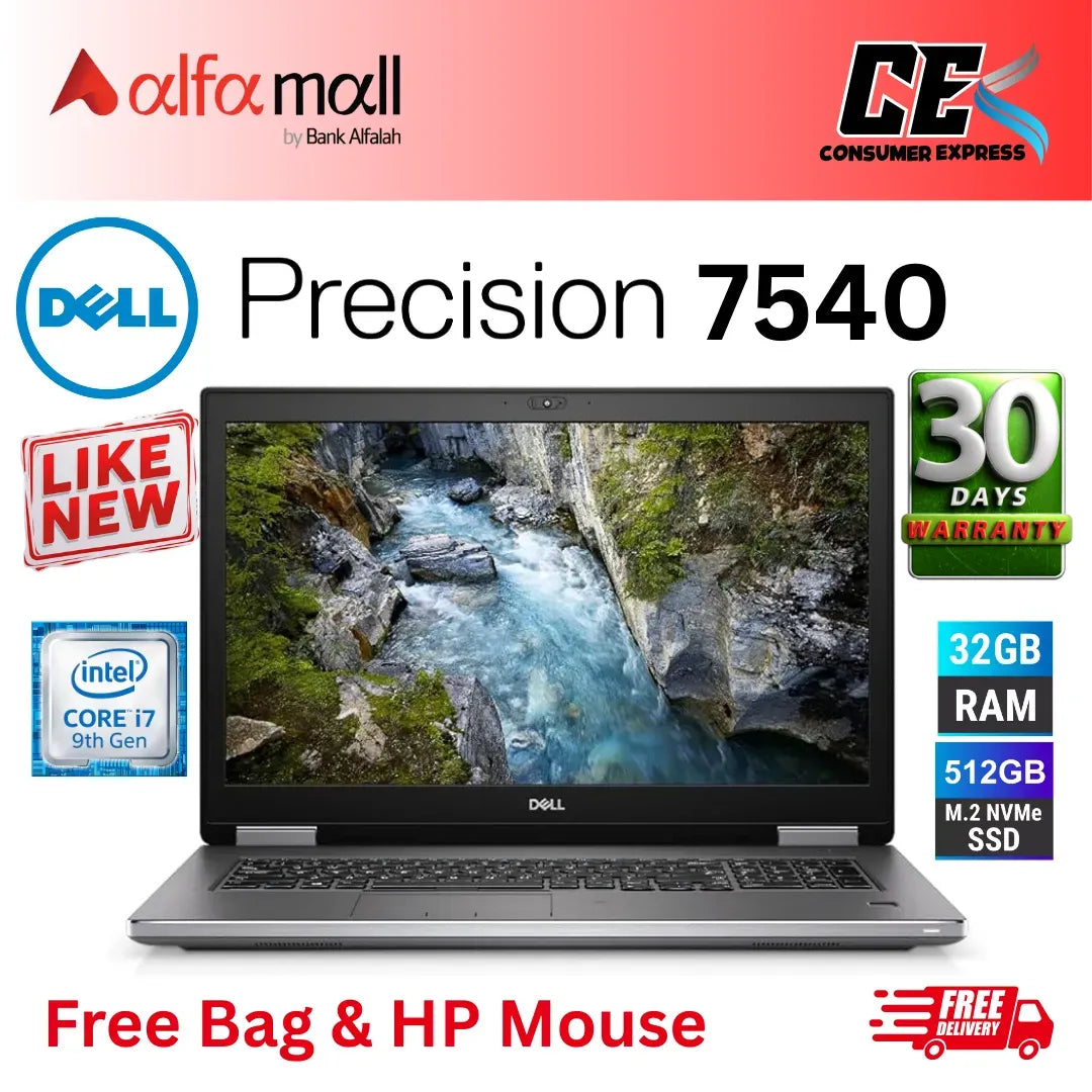 Dell Precision 7540 Intel Hexa Core. i7 9750H (9th Gen), 32GB DDR4 RAM 512GB NVMe SSD, 15.6-Inch FHD Display, Nvidia Quadro T2000 (4GB) GDDR5, Backlit Keyboard (Like New) Free Bag & Mouse (0% Markup Upto 6 Months)