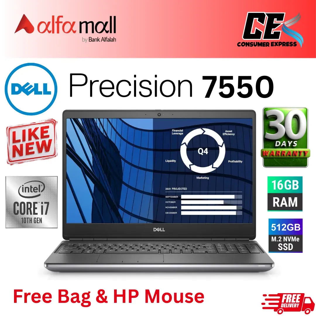 Dell Precision 7550 Laptop Intel Core i7 10th Gen i7 10750H 512GB SSD 16GB RAM Nvidia Quadro T2000 4GB Graphics 15.6 Inch Display (Like New) Free Bag & HP Wireless Mouse (0% Markup Upto 6 Months)
