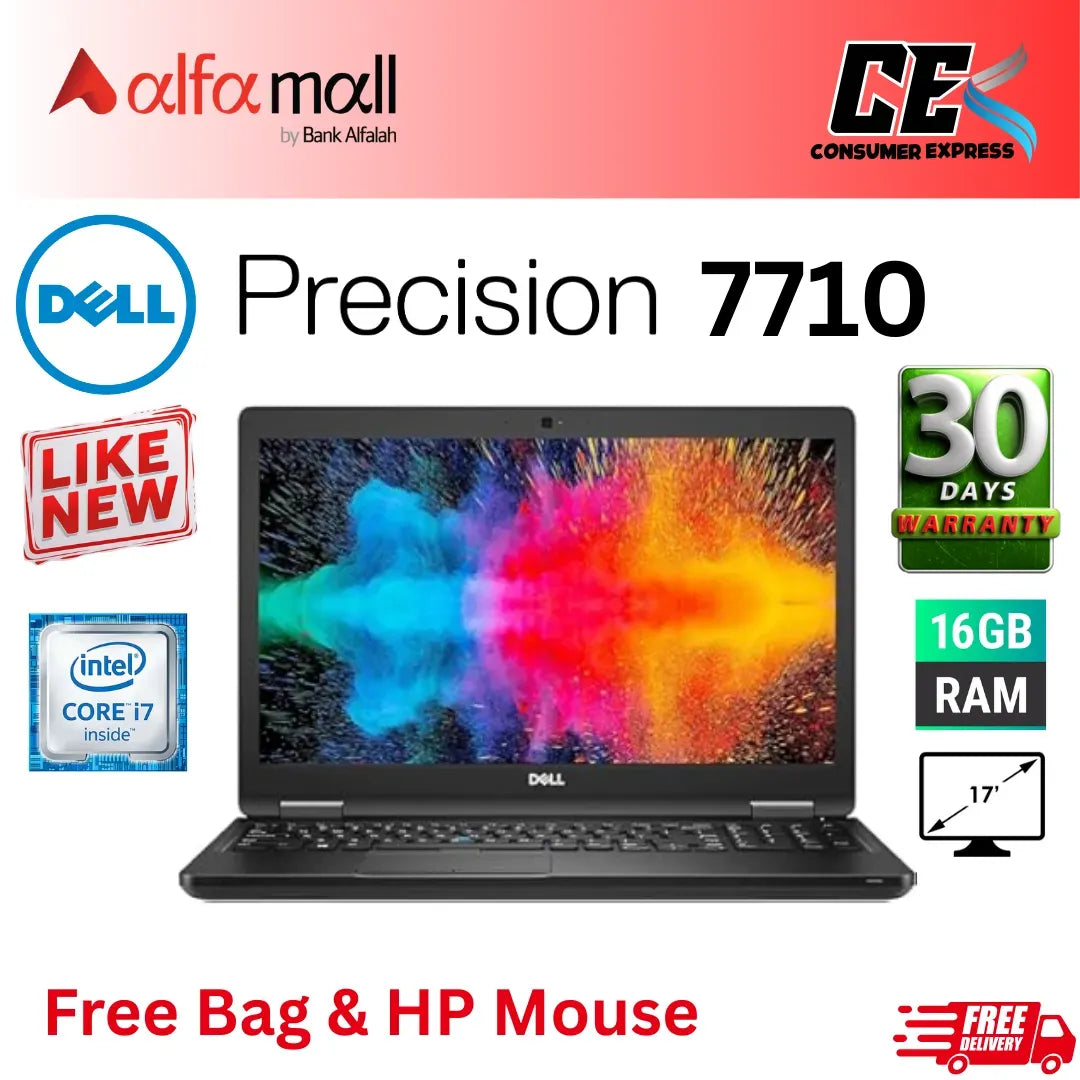 Dell Precision 7710 Intel Core. i7 6820HQ (6th Gen), 16GB DD4, 256GB SSD, 17-Inch Full HD Display, Backlit Keyboard, AMD Radeon Pro R9 M390X 4GB DDR5 256Bit (Like New) Free Bag & Mouse (0% Markup Upto 6 Months)