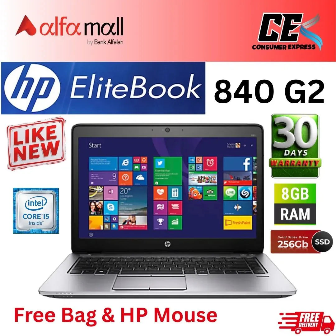 HP EliteBook 840 G2 14" Intel Core i5 5300U (5th Gen) 8GB RAM 256GB SSD Webcam Charger (Like New) Free Bag & Mouse (0% Markup Upto 6 Months)