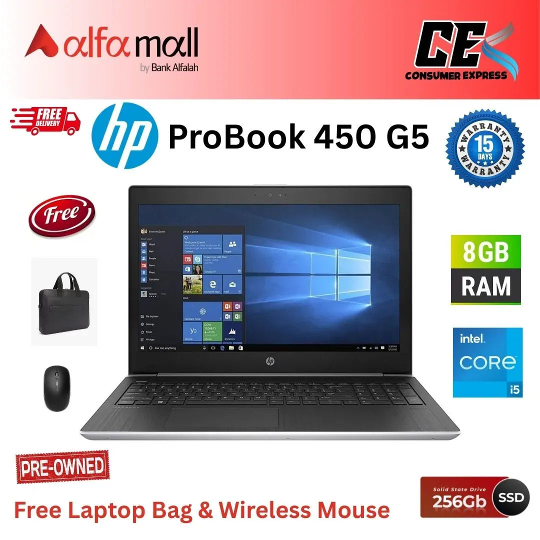 HP Probook 450 G5 i5 8th Gen 8GB DDR4 RAM, 256GB SSD 15.6" Inch Full HD Display Backlit keyboard, Free Bag & Mouse (Like New) Free Bag & Mouse (0% Markup Upto 6 Months)
