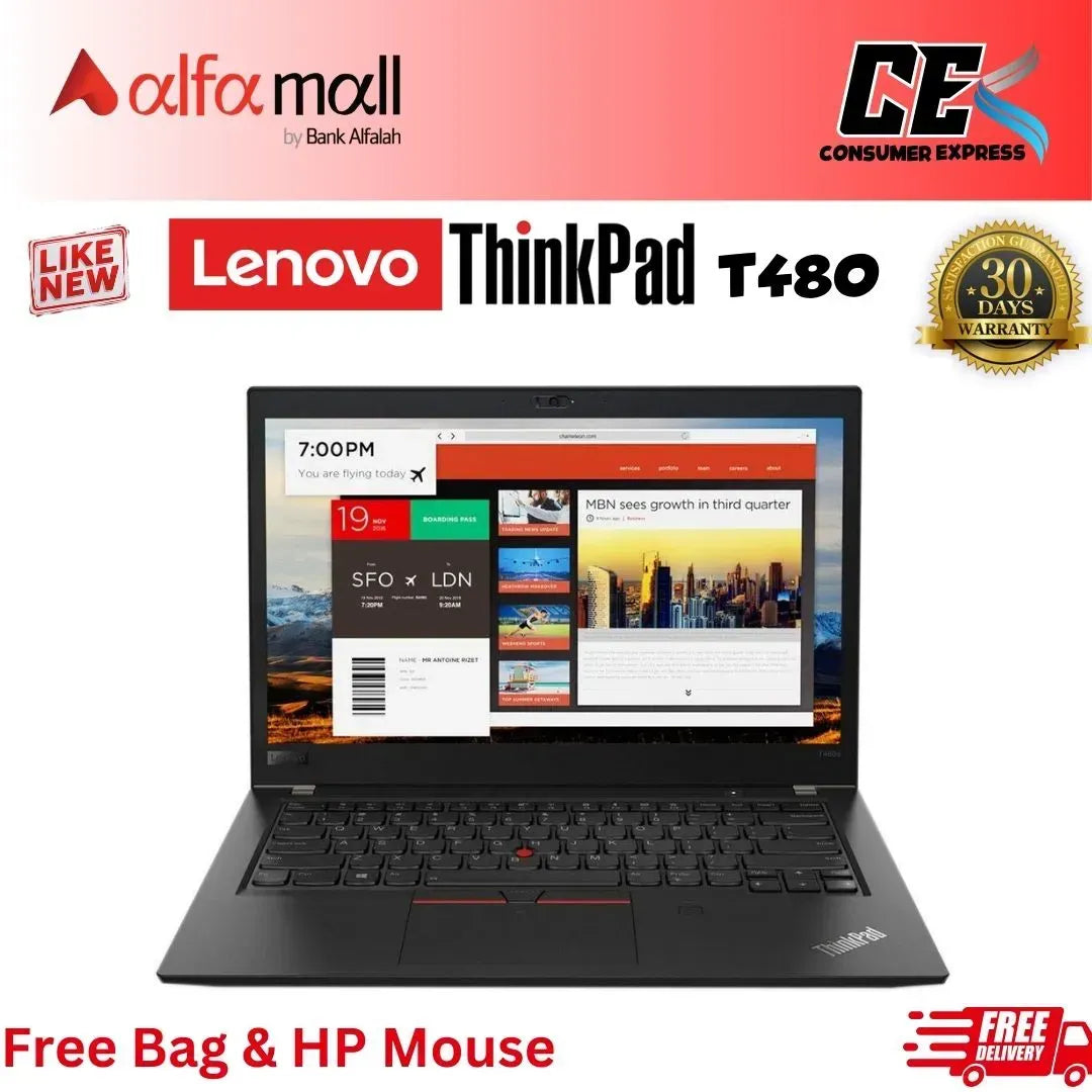 Lenovo ThinkPad T480 Laptop 14-Inch FHD Intel Core i5 (7th Gen) 8GB DDR4 SDRAM 256 GB SSD (Like New) Free Bag & Mouse (0% Markup Upto 6 Months)