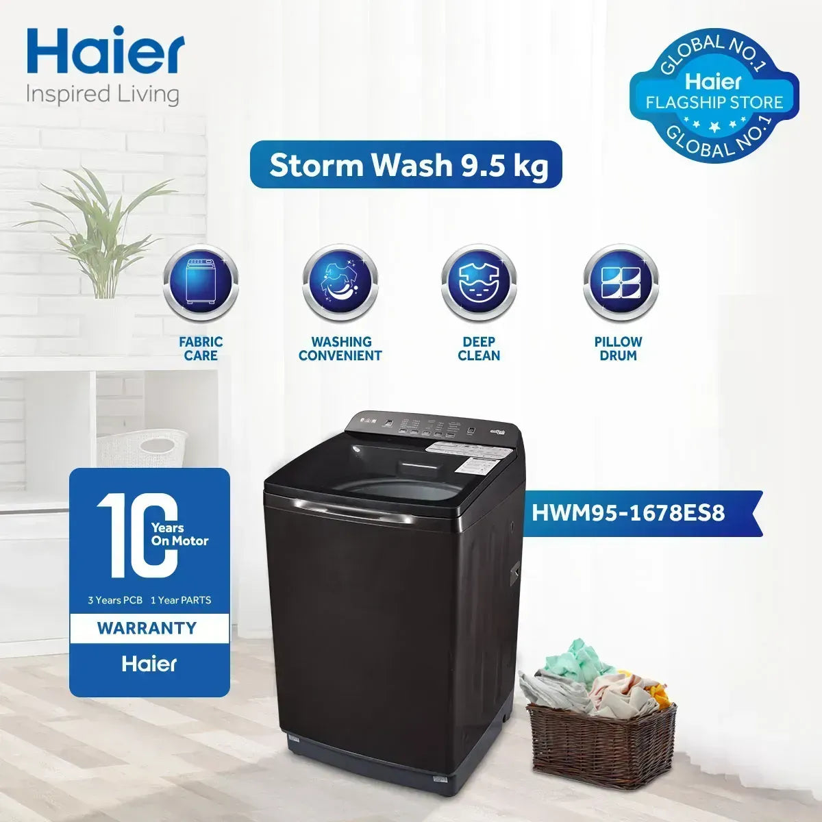 Haier Washing Machine HWM 9.5KG Capacity 951678ES8 3D Wash Series | 10 Years Motor Warranty |American Style Panel (0% Markup upto 6 Months)