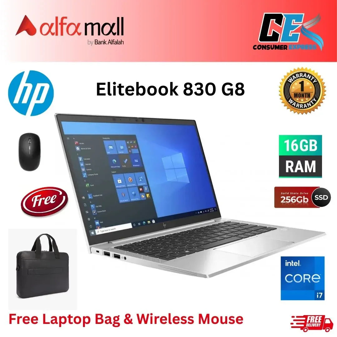 HP EliteBook 830 G8 |Core i7-1185G7, 16GB RAM, 256GB SSD, 13.3 Inch Display, Free Bag & Hp Wireless Mouse (Like New) - (0% Markup upto 6 Months)