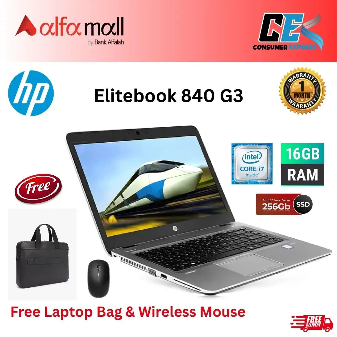 HP Elitebook 840 G3 |Core i7 6th Gen, 8GB Ram, 256GB SSD, 14inch Display, Free Bag & Hp Wireless Mouse (Like New) - (0% Markup upto 6 Months)