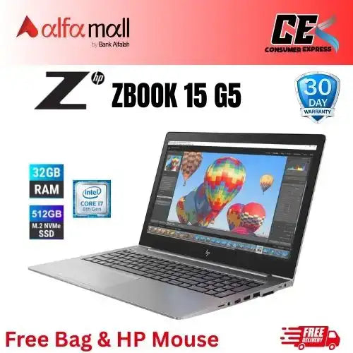 HP ZBook 15 G5 | Intel Core i7-8750H 2.2GHz, 32GB RAM, 512GB SSD, CAM, NVIDIA Quadro P1000 4GB, 15.6" FHD Display (Like new) Free Bag & HP Wireless Mouse (0% Markup upto 6 Months)