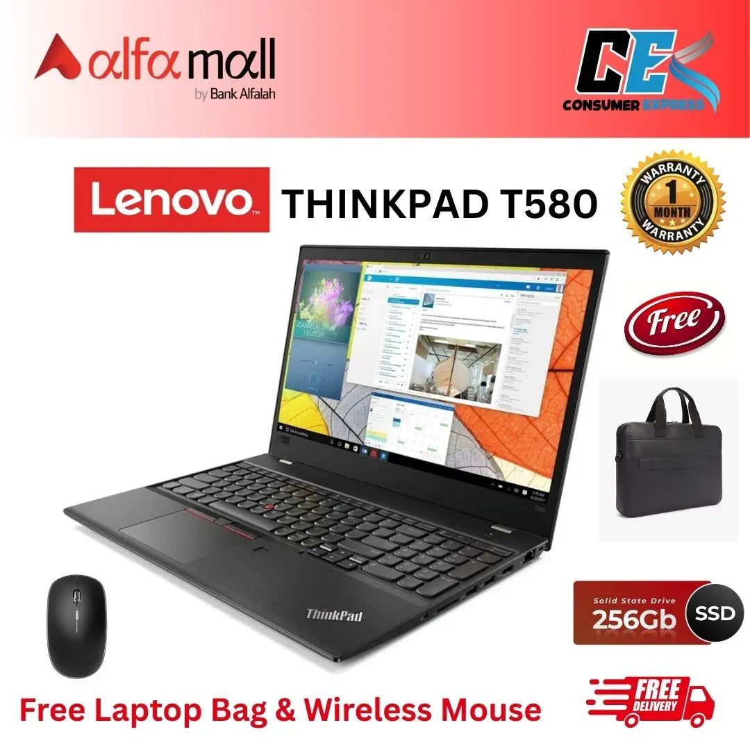 Lenovo ThinkPad T580 |Intel Core i5-8350U, 8GB RAM, 256GB SSD, 15.6Inch FHD Display, Free Bag & Hp Wireless Mouse (Like New) - (0% Markup upto 6 Months)