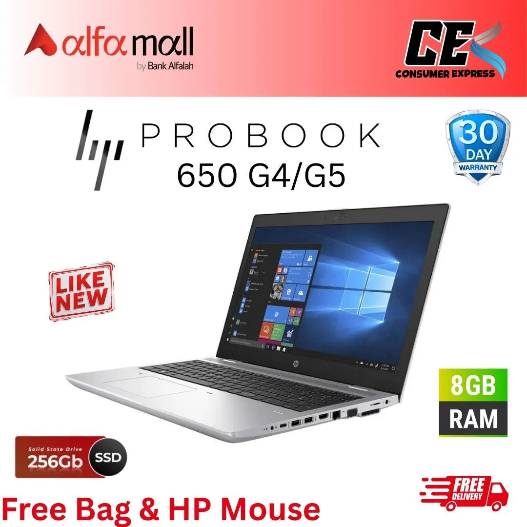 HP ProBook 650 G4/G5 |Intel Core i5 8th Gen, 8GB RAM 256GB NVMe,15.6 inch Display, Free Bag & Mouse (Like New) (0% Markup Upto 6 Months)