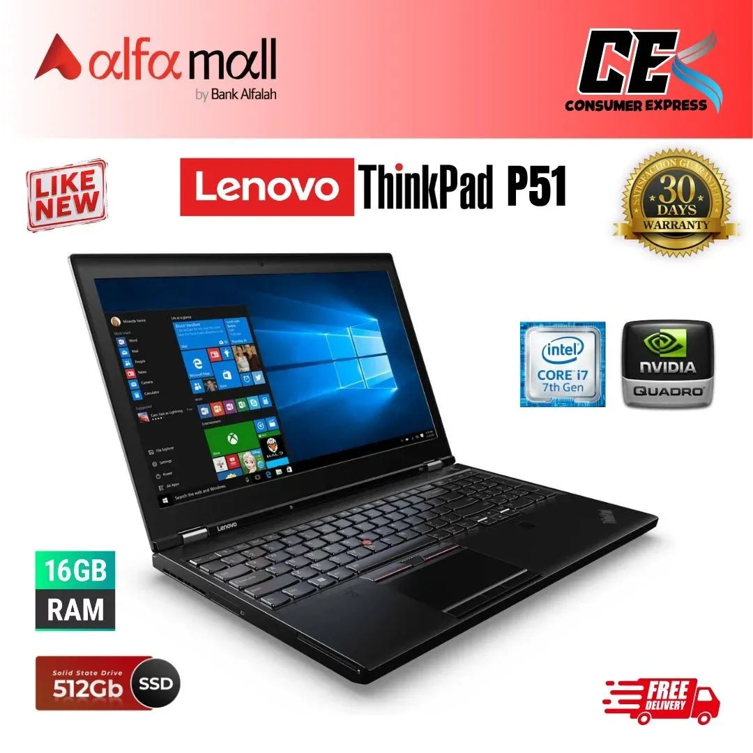 Lenovo Thinkpad P51 Workstation | Core i7 7th Generation | 16GB Ram | 512GB SSD | Nvidia Quadro M1200M 4GB Graphics Card | 15.6 Inch Display (Like New) - Free Bag & HP Wireless Mouse (0% Markup Upto 6 Months)