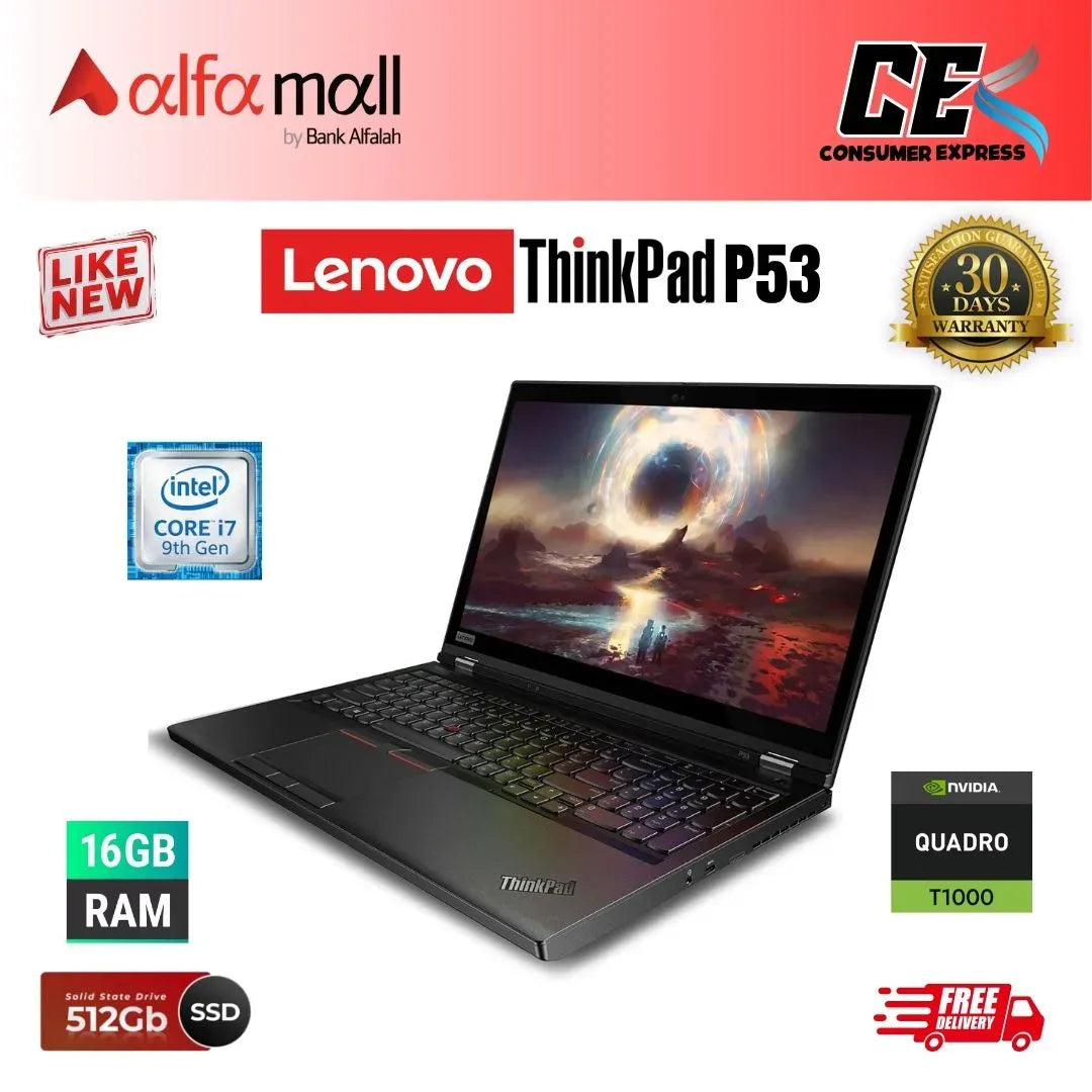 Lenovo Thinkpad P53 Laptop Core i7 9th Gen 16GB Ram 512GB SSD NVIDIA Quadro T1000 4GB Card 15.6 Inch Display (Like New) - Free Bag & HP Wireless Mouse (0% Markup Upto 6 Months)