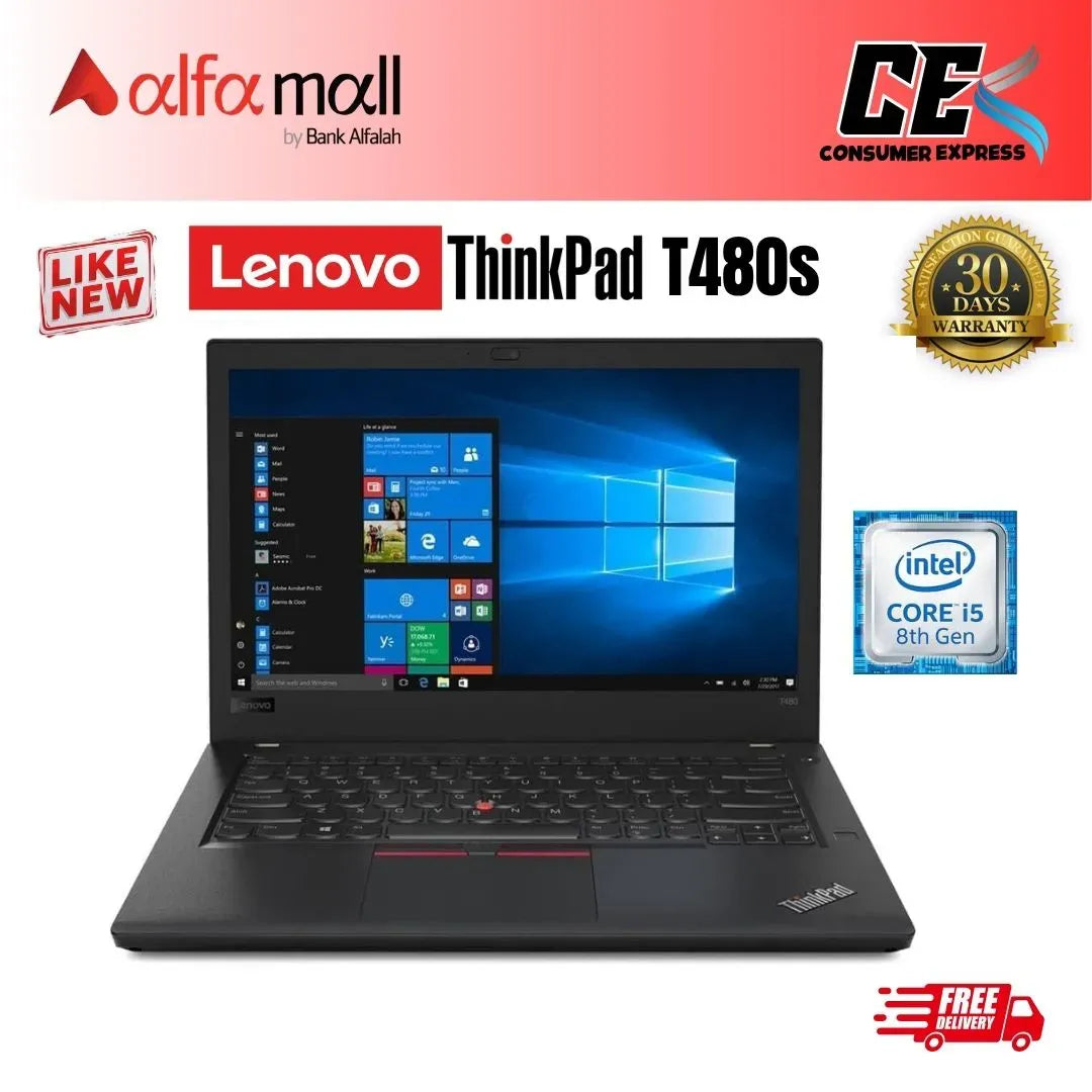 Lenovo Thinkpad T480s Laptop Core i5 8th Gen 8GB Ram 256GB SSD 14 Inch Display (Like New) - Free Bag & HP Wireless Mouse (0% Markup Upto 6 Months)