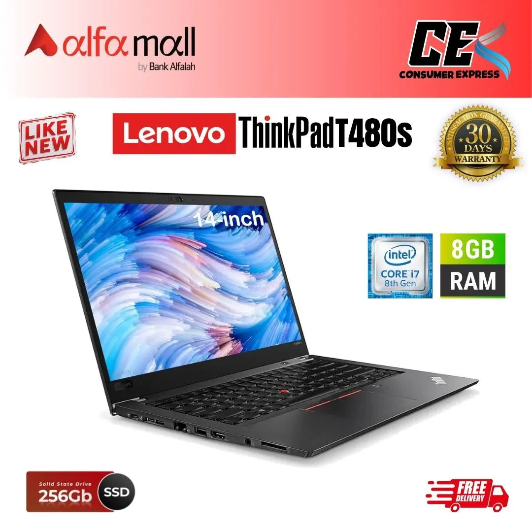 Lenovo Thinkpad T480s Laptop Core i7 8th Gen 8GB Ram 256GB SSD, 14 Inch Display (Like New) - Free Bag & HP Wireless Mouse (0% Markup Upto 6 Months)