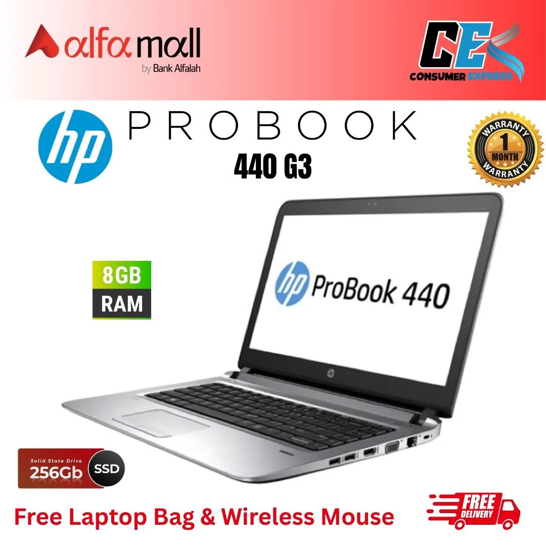 HP ProBook 440 G3 Core-i5-6th Gen 8 GB RAM 256 GB SSD 14-Inch Display (Like New) - Free Bag & HP Wireless Mouse