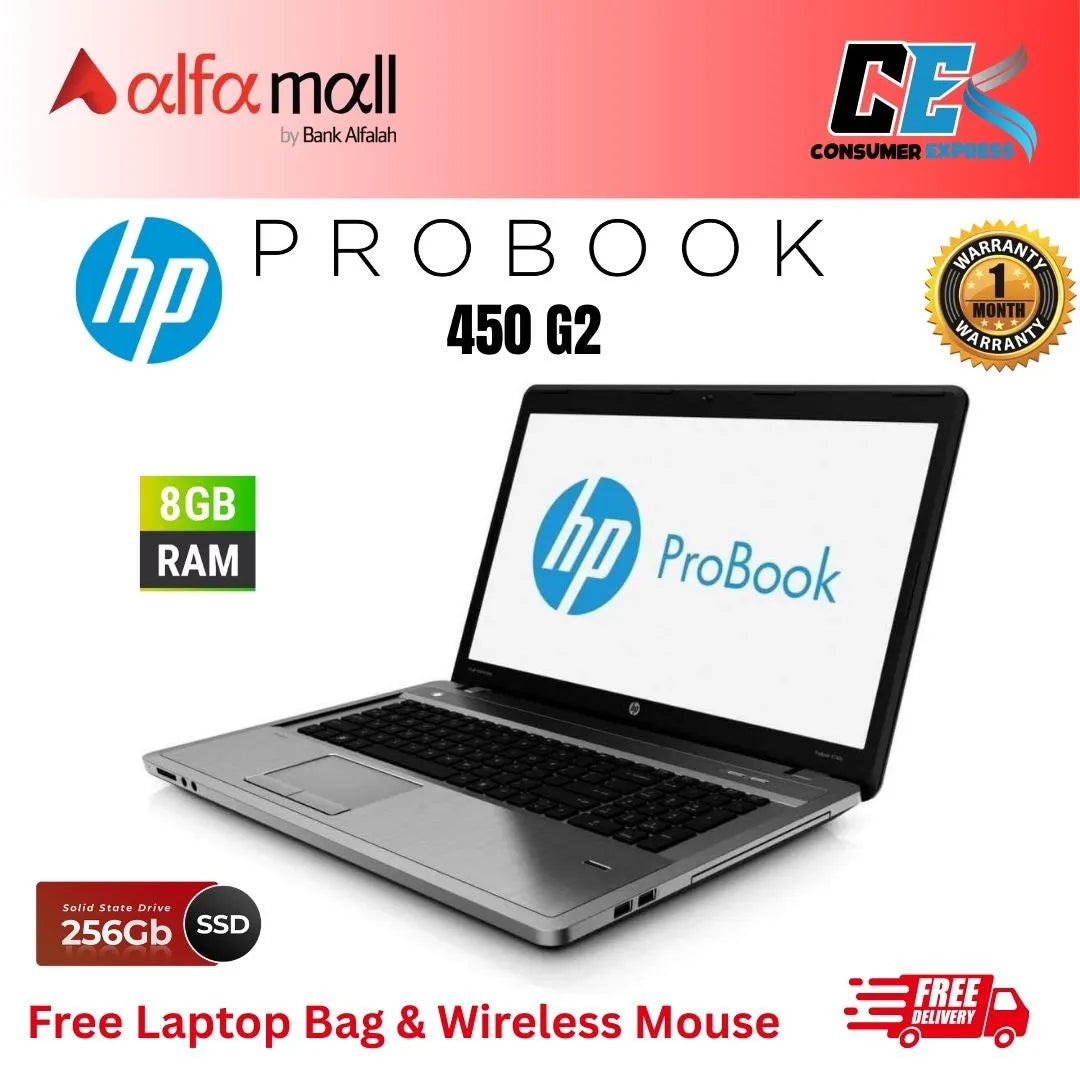 HP ProBook 450 G2 Intel® Core™ i5-5200U 5th Gen 8GB RAM 256 SSD 14-Inch Display (Like New) - Free Bag & HP Wireless Mouse