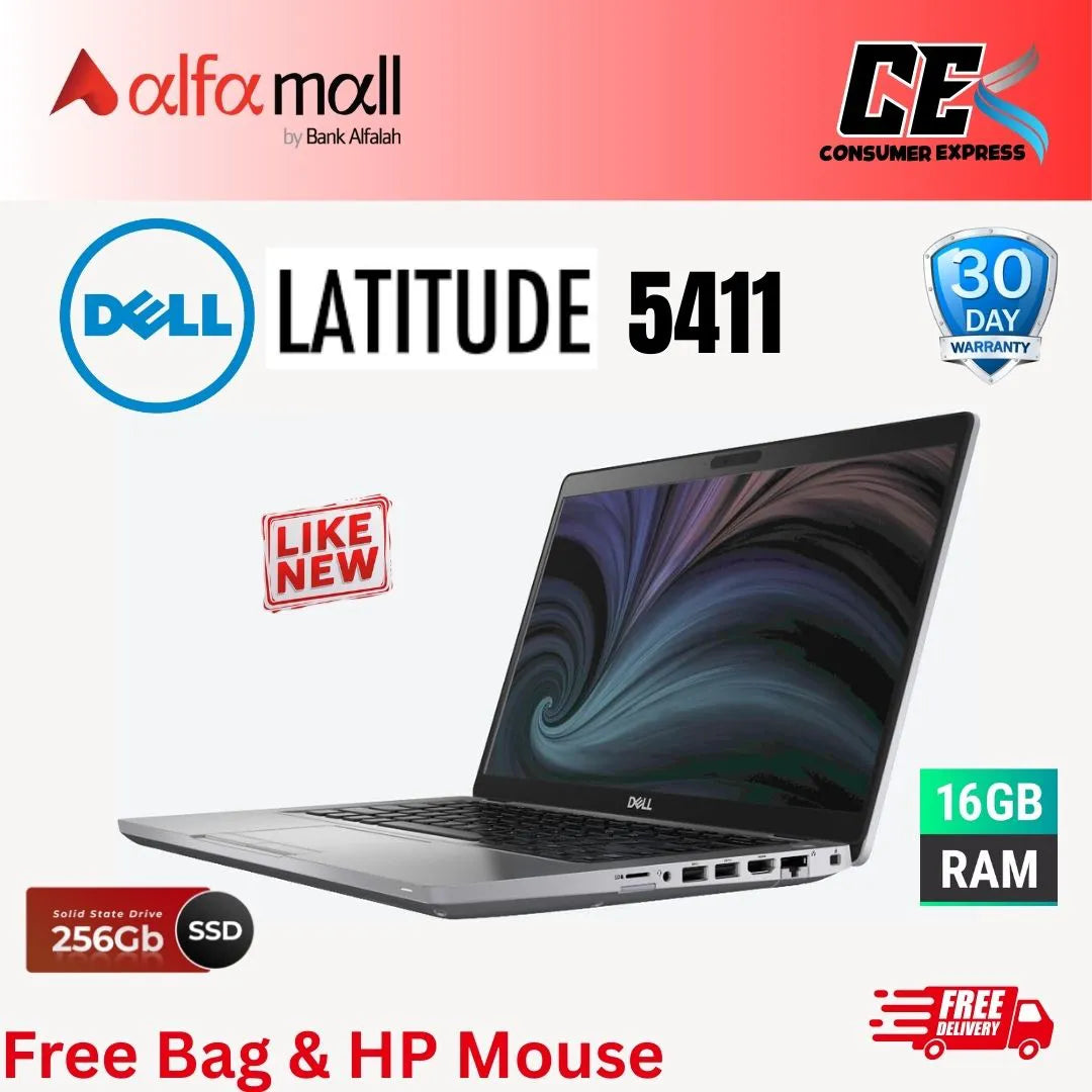 Dell Latitude 5411,Core i7-10850H 10th Gen, 16GB RAM, 256GB SSD, 14inch Display, Free Bag & Hp Wireless Mouse (Like New)