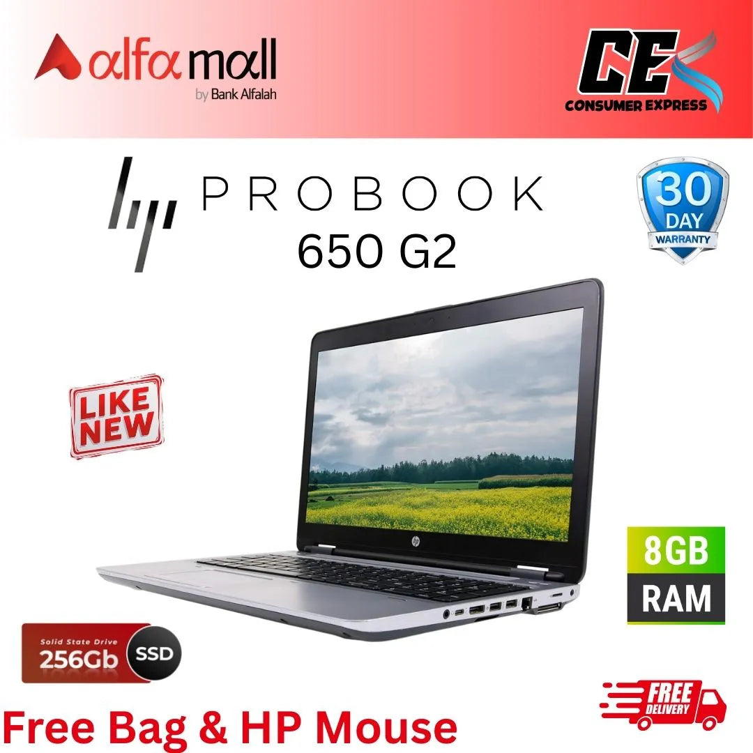 HP ProBook 650 G2 , Intel Core i5-6200, 8GB RAM, 256GB SSD, 15.6 inch Display, Free Bag & Mouse (Like New)