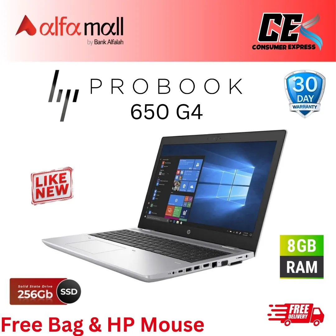 HP ProBook 650 G4,Core i5 8th Gen, 8GB RAM, 256GB SSD, 15.6" FHD Display, Free Bag & Hp Wireless Mouse (Like New)