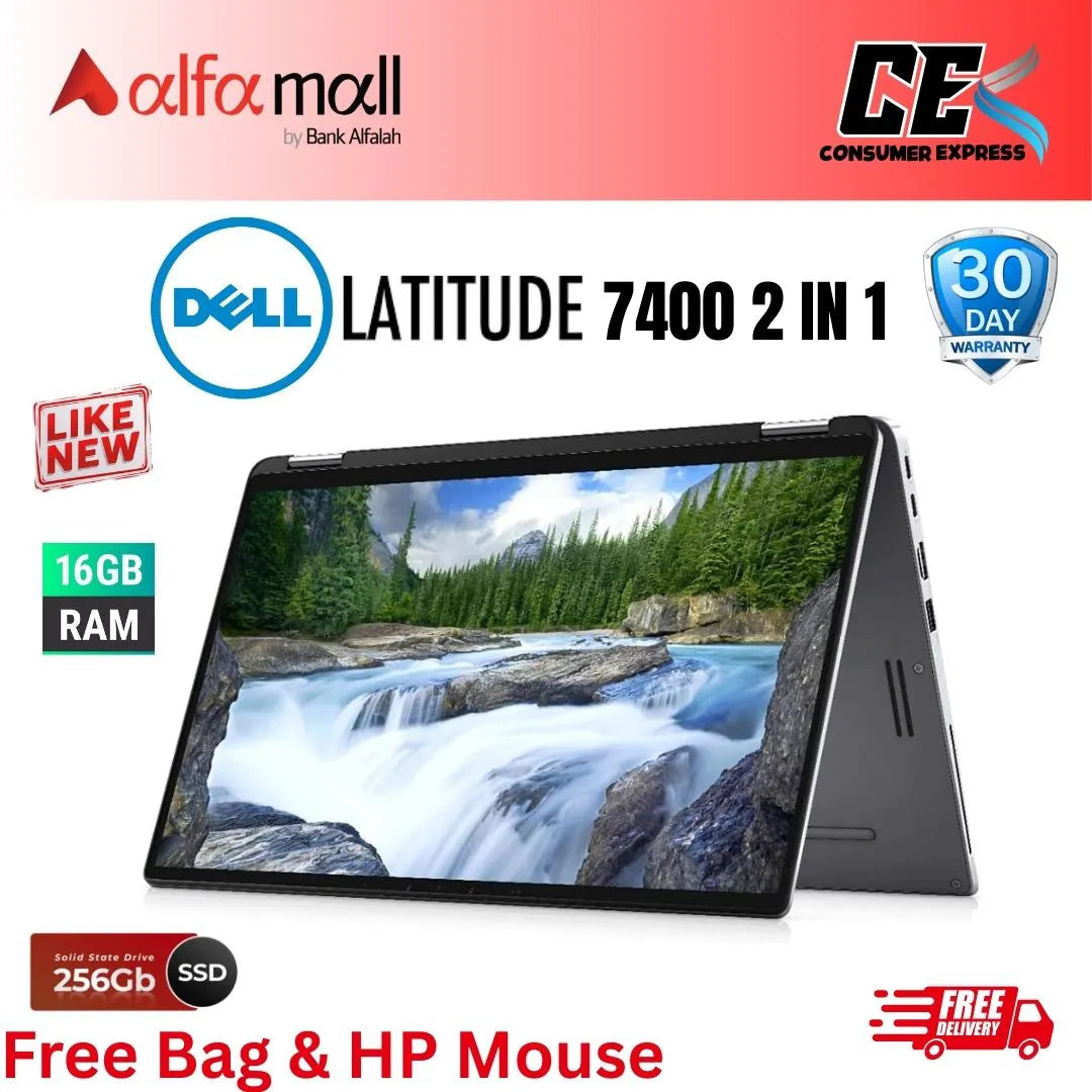 Dell Latitude 7400 2 in 1 ,Intel Core i7-8665U, 16GB DDR4, 256GB NVMe SSD, 14inch FHD Display with 360 touch, Free Bag & Mouse (Like New)