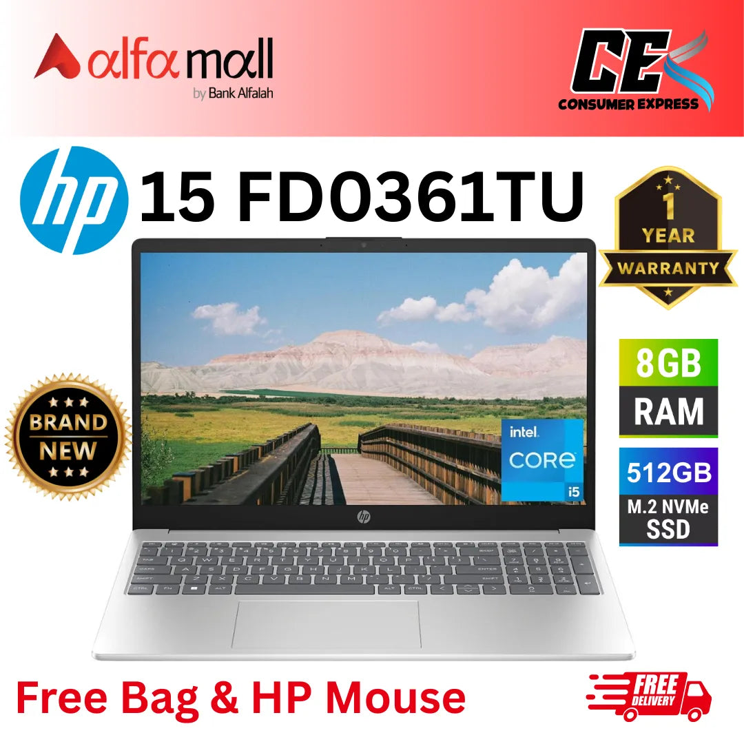 HP 15-FD0361TU Laptop | Intel Core i5-1334U 8GB DDR4 512GB SSD Backlit Keyboard 15.6" FHD Display Windows 11 (NEW, 1 Year Official Warranty)