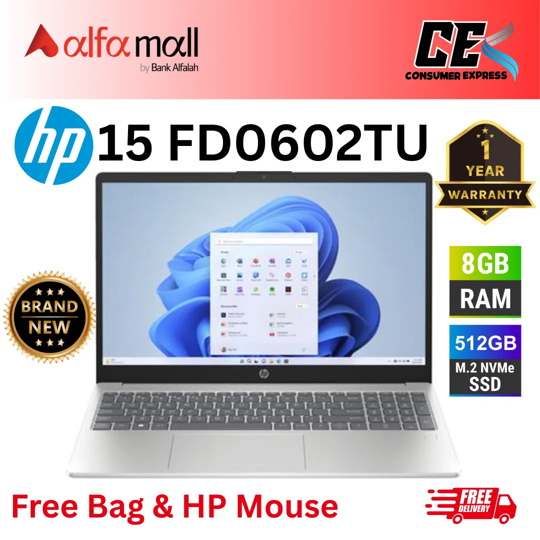 HP Laptop 15-fd0602TU, FreeDOS 3.0, 15.6-Inch FHD Display, Intel Core i7 1255U 12th Generation, 8GB RAM, 512GB SSD, FHD, Natural Silver (Brand New, 1 Year International Warranty)