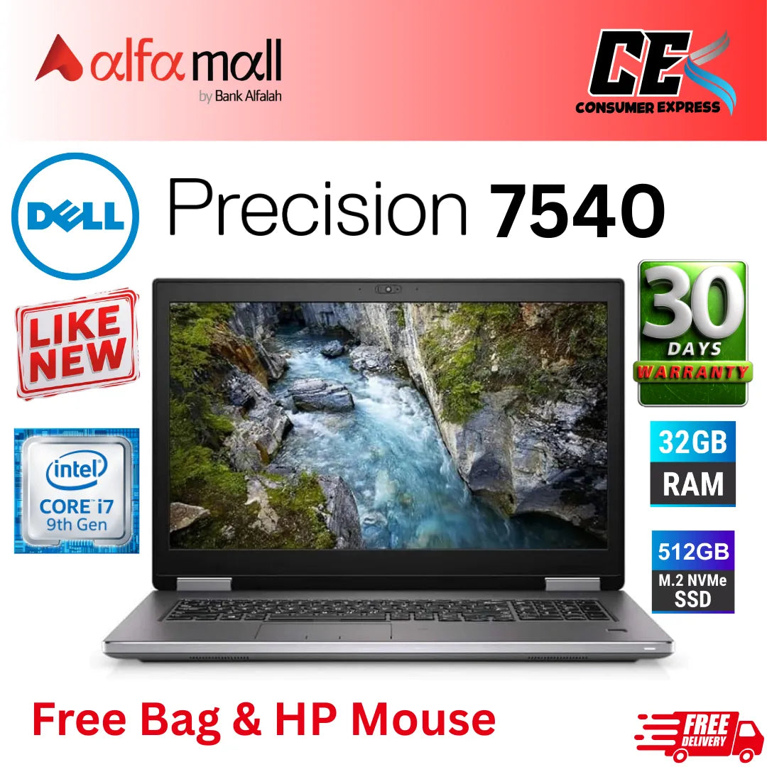 Dell Precision 7540 Core i7 9th Generation 32GB RAM 512GB SSD 4GB Graphics 15.6" Display (Like New) - Free Bag & HP Mouse - (Installment)