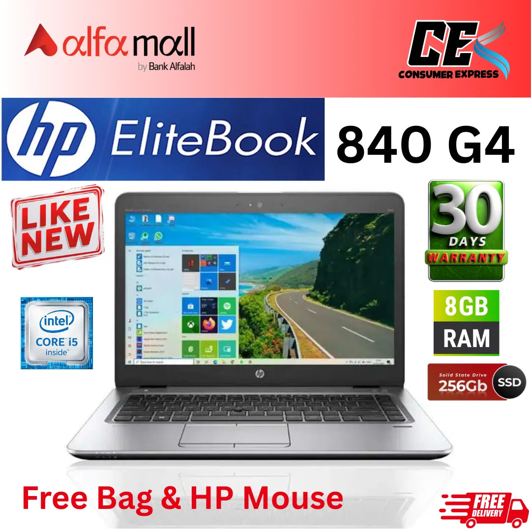 HP EliteBook 840 G4 Laptop Intel Core i57300U, 8GB RAM DDR4, 256GB SSD, Intel Graphics, 14" FHD Display, Fingerprint Reader, Windows 10 Pro, Backlit KB Free Bag and Mouse (Like New)