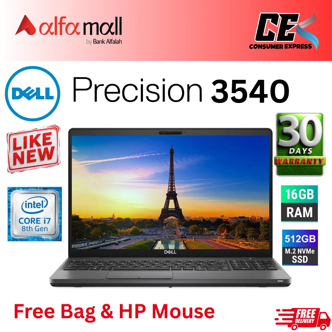 Dell Precision 3540 Workstation Laptop | Intel Core i7-8565U 16GB RAM 512GB SSD, AMD Radeon Pro WX 2100 2GB, 15.6" FHD Display, Backlit KB, Windows 10 Home (Like New) Free Bag & Mouse - (Installment)