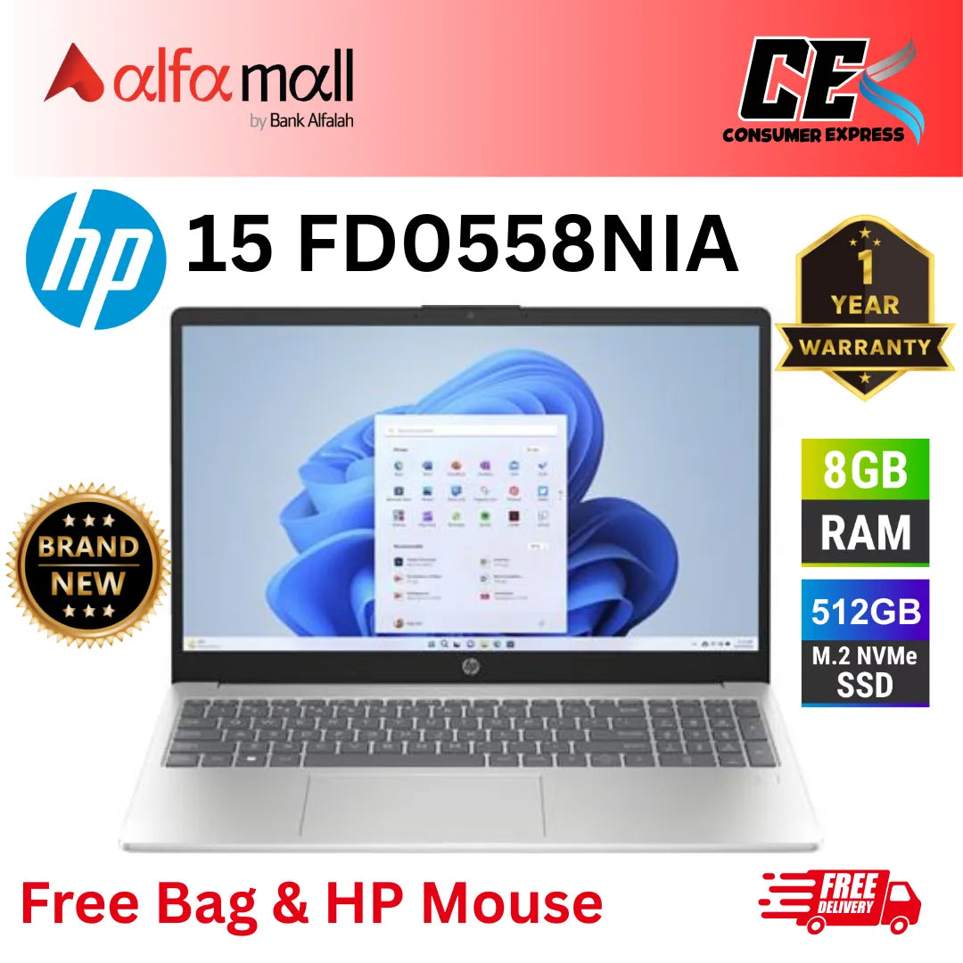 HP 15 FD0558NIA Intel Core i7 13th Gen 8GB 512GB SSD 15.6" FHD Display Backlit KB Dos Silver (Brand New, 1 Year International Warranty)