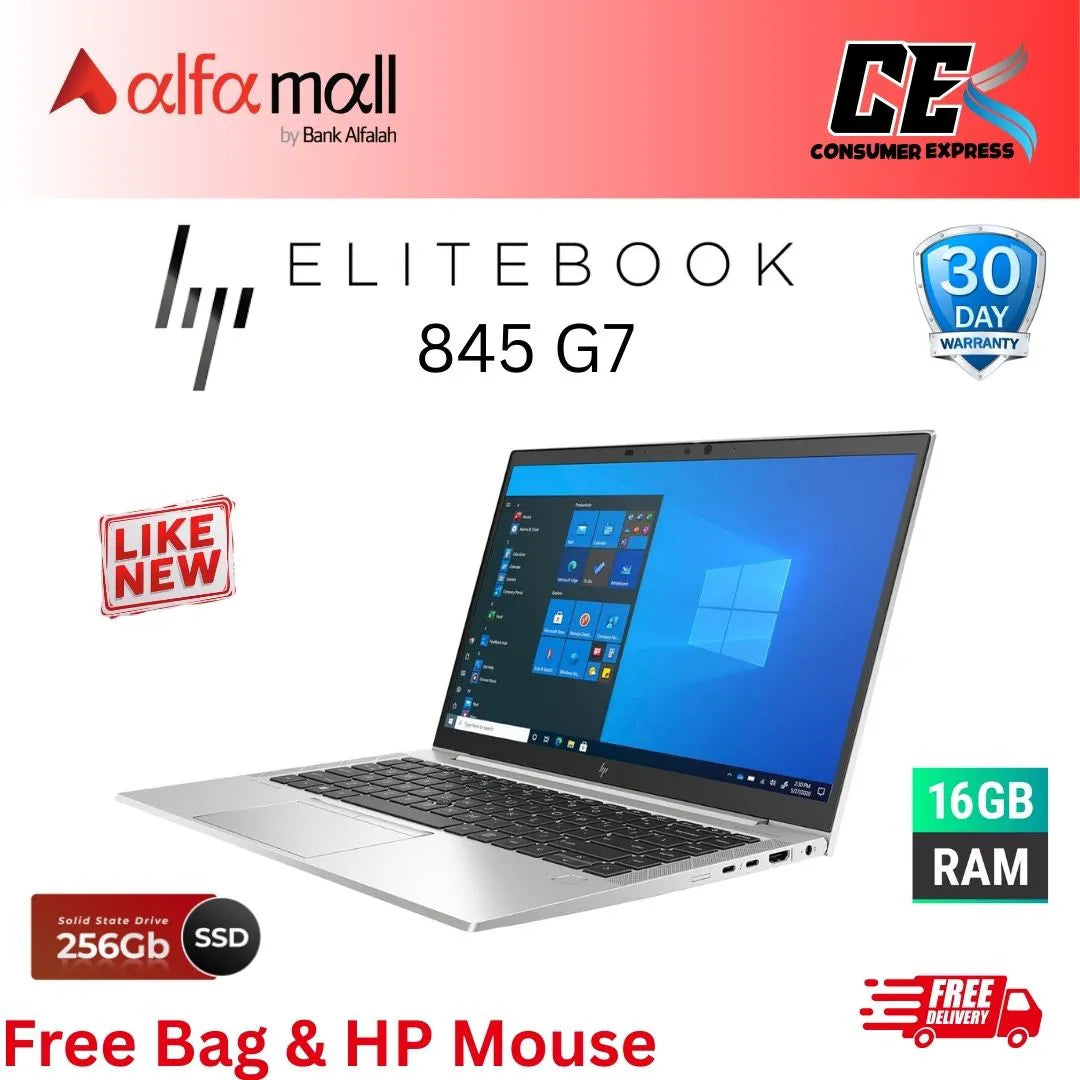 Hp EliteBook 845 G7 , AMD Ryzen 5 4650U (Hexa Core) , 16GB RAM, 256GB SSD 14 inch FHD Display Integred AMD Rade Vega Graphics, Free Bag & Mouse (Like New)