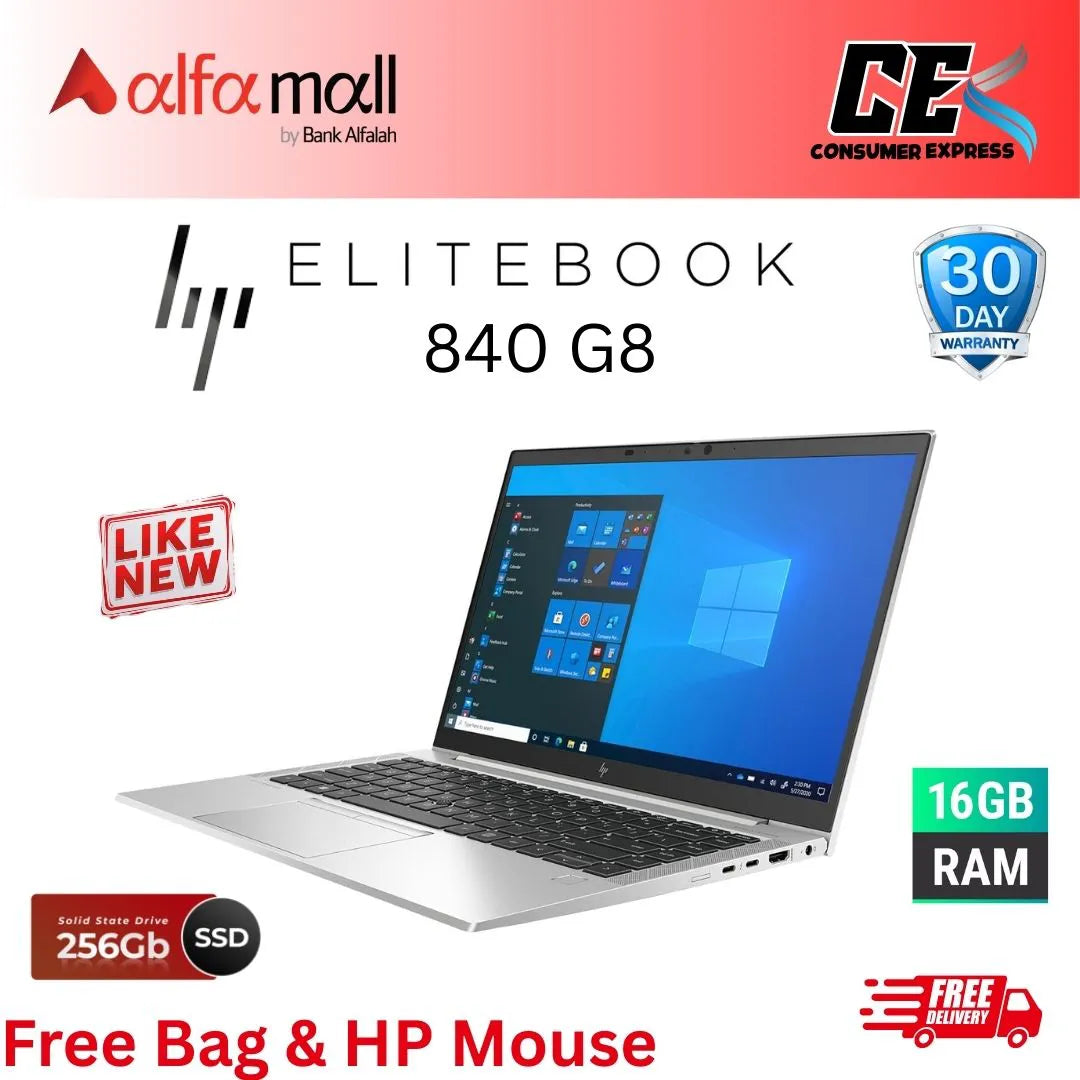 HP Elitebook 840 G8 , Core i5-1145G7,16GB RAM, 256GB SSD,14" FHD Display, Free Bag & Mouse (Like New)