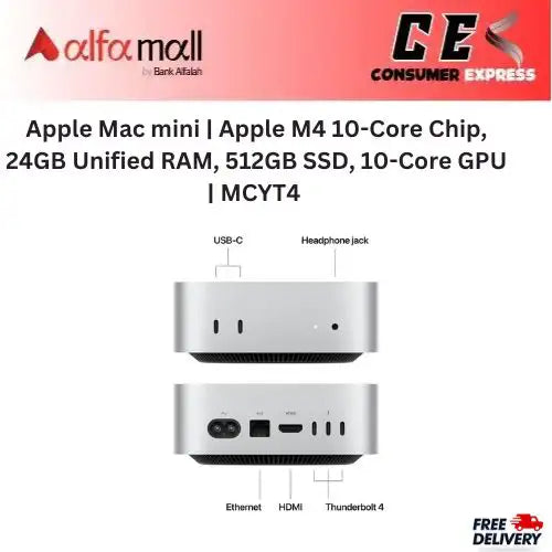 Apple Mac mini | Apple M4 10-Core Chip, 24GB Unified RAM, 512GB SSD, 10-Core GPU | MCYT4 | 1-Year Warranty | All in One | Free Mouse - (Installment)