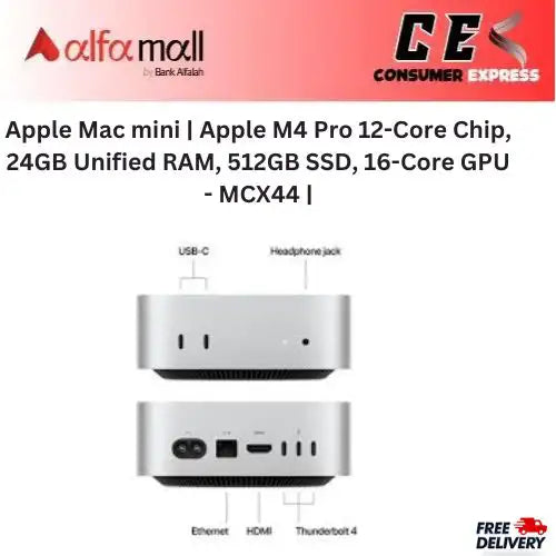 Apple Mac mini | Apple M4 Pro 12-Core Chip, 24GB Unified RAM, 512GB SSD, 16-Core GPU - MCX44 | 1-Year Warranty | All in One | Free Mouse - (Installment)