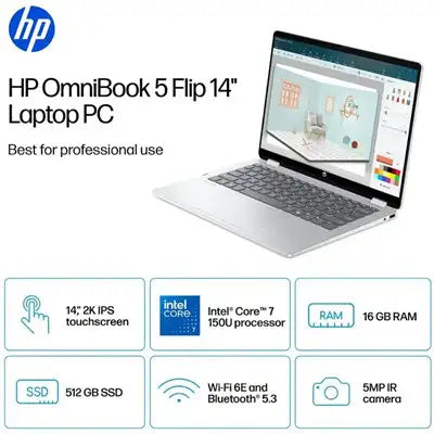 HP OmniBook 5 Flip 14-FP0023DX Intel Core 7 150U 16GB 512GB SSD 14 2K Touchscreen x360 Display Backlit KB Win11 Glacier Gray New (International Warranty)