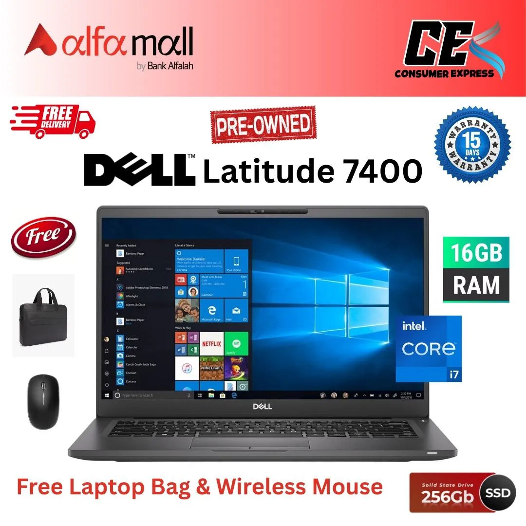 Dell Litude 7400 Laptop 14 inches FHD (1920 x 1080) NTouch, Intel Core 8th Gen i78665U, 16GB RAM, 256GB SSD, Windows 10 Pro Free Bag & HP Mouse (Like New)
