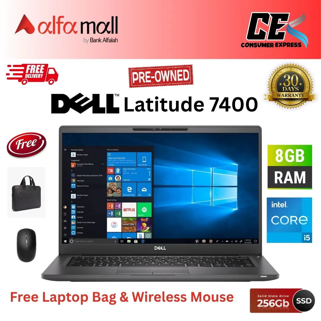 Dell Litude 7400 Corei58th Gen 8 GB RAM 256 GB SSD 14 Inch Display (Like New) Free Laptop Bag & HP Mouse