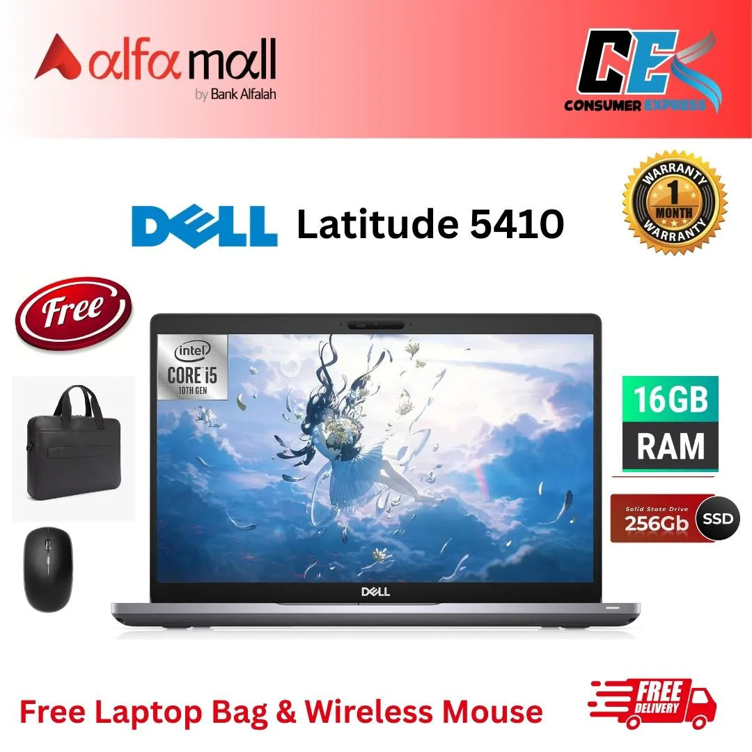 Dell Litude 5410 Business Laptop Intel Core i5 10210U Quad Core 1.6 Ghz, 16GB Ram DDR4, 256GB SSD, 14" FHD AG 300 NITS Display, Webcam Free Bag and HP Mouse (Preowned)