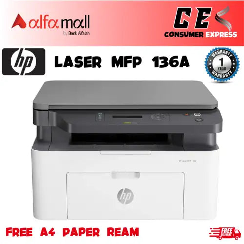 HP Laser MFP 136a Printer Black And White Brand New 1 Year Warranty (Free A4 Paper Ream)